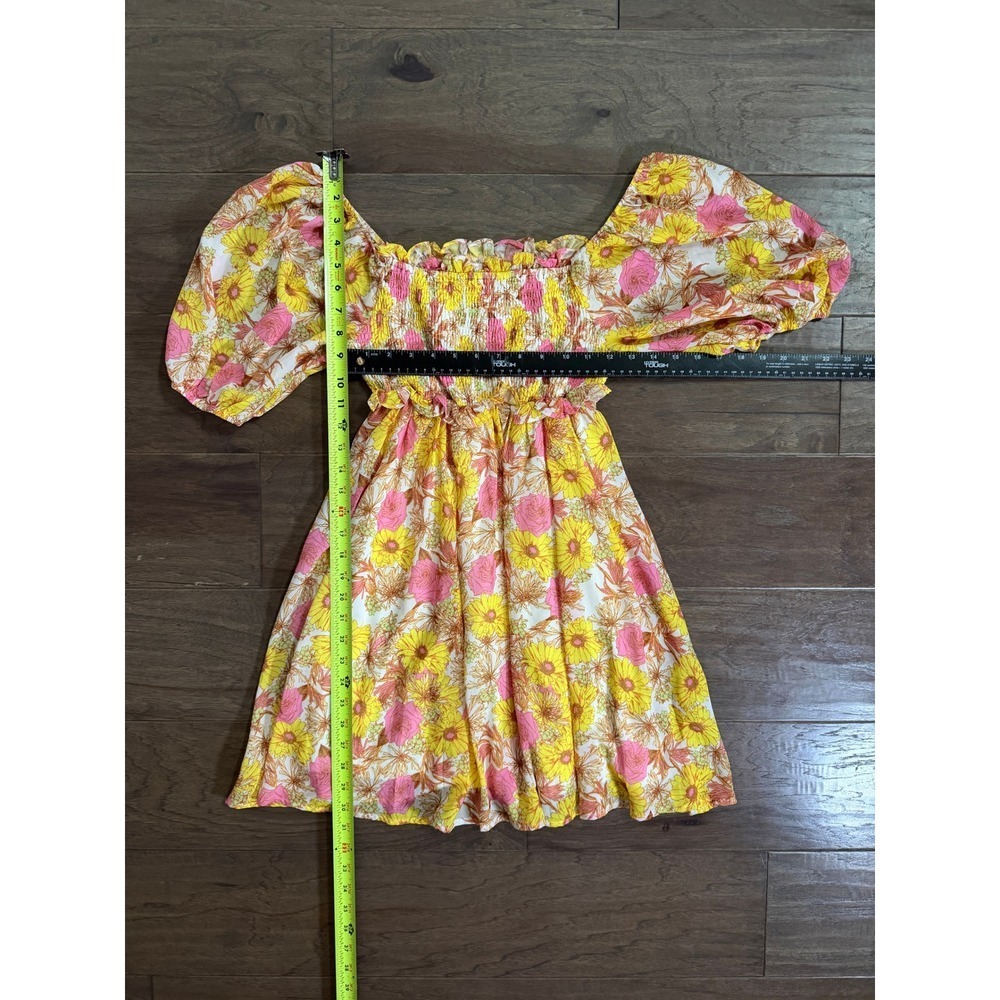 Flying Tomato Yellow Pink Floral Smocked Puff Sleeve Mini Dress ID18717 Medium - Picture 5 of 6